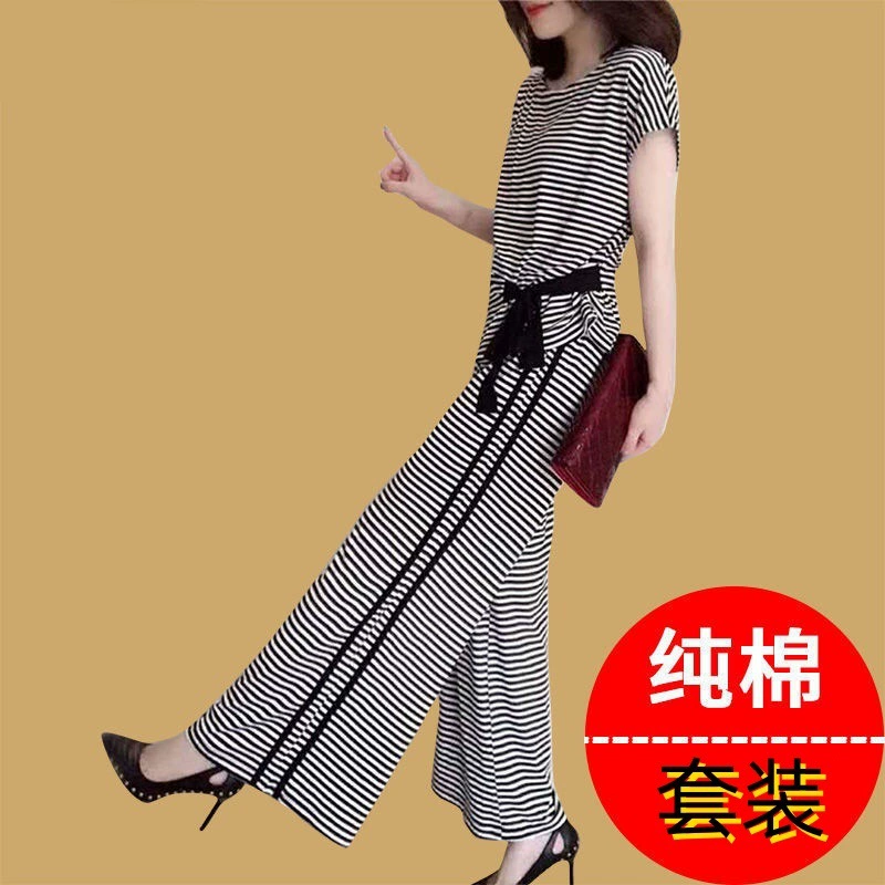 Летний костюм из чистого хлопка, новый стиль 2025, модный полосатый костюм для полных девушек, закрывающий тело и утягивающий, широкие брюки, костюм из двух предметов