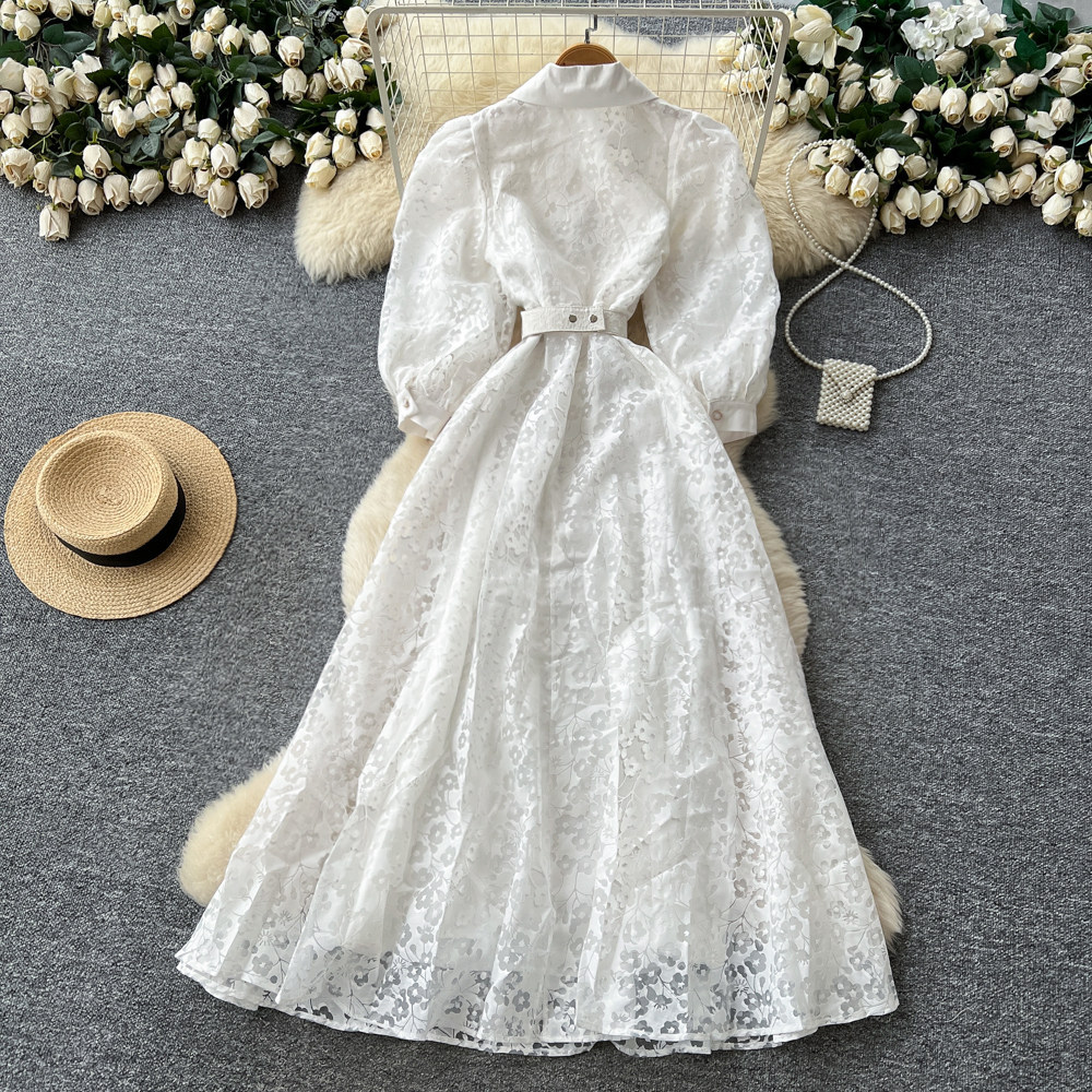 French Style Elegant V Neck Floral Dress, Korean Style, Long Sleeves, Lapel Collar, Fitted Waist, A Line Long Skirt, Sophisticated And Suitable For Commuting._ecoleips.com