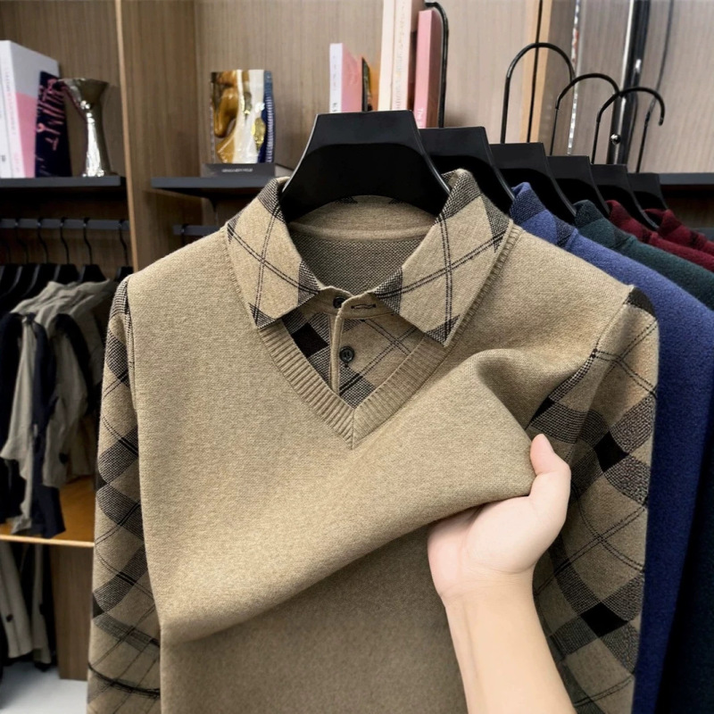 Cross-border 2026 Spring and Autumn New Men's Faux Two-Piece POLO Shirt, Casual Versatile Business Warm T-Shirt with Collar for Middle-Aged Men