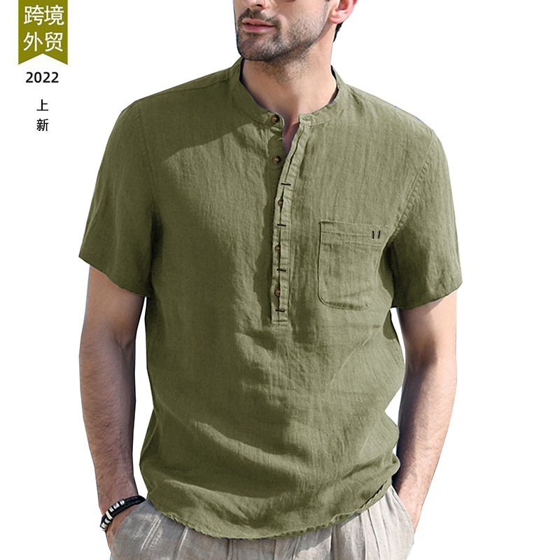 2022 summer new cross-border Amazon stand collar European and American men's linen shirt breathable short-sleeved cotton and linen shirt men 2022 summer new cross-border Amazon stand collar European and American men's linen shirt breathable short-sleeved cotton and linen shirt men