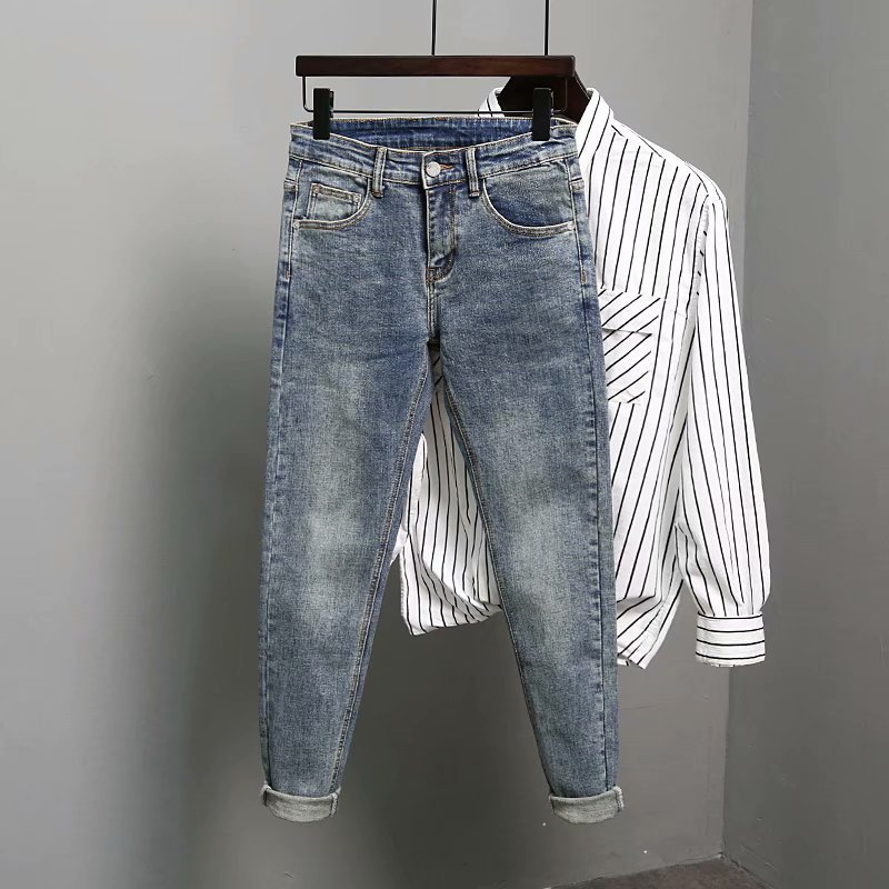 Men's Korean-style Trendy Jeans Brand Blue Cropped All-match Spring New Slim-fit Stretch Long Pants