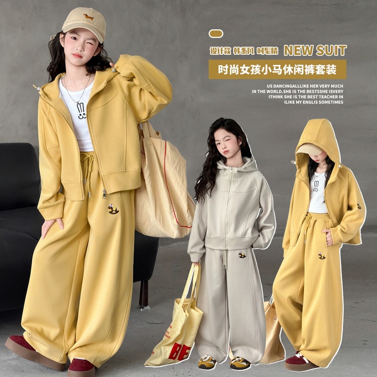 Girls' Casual Sports Suit 2026 New Style for Older Children, Spring and Autumn Fashionable Hooded Sweatshirt and Casual Pants Two-Piece Set