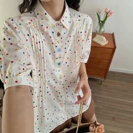 日系文艺童趣波点印花宽松翻领百搭减龄短袖衬衫女打底衫休闲衬衣