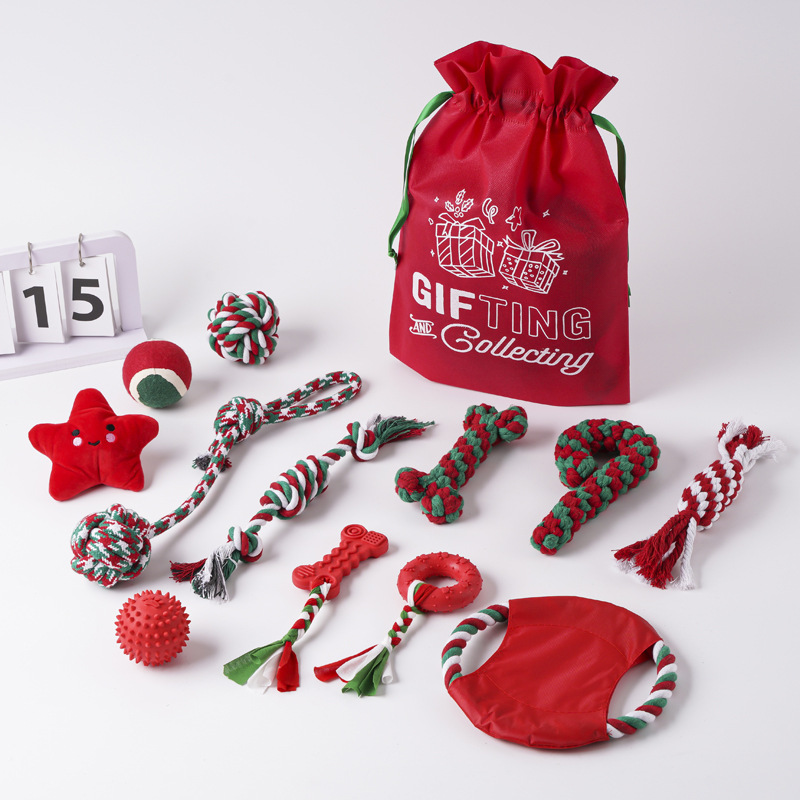 Juguetes para perros de gran venta transfronterizos, juego de juguetes de cuerda de algodón navideños para mascotas, juguete para la dentición, alivio del aburrimiento, juguete navideño con nudos resistentes a las mordidas.