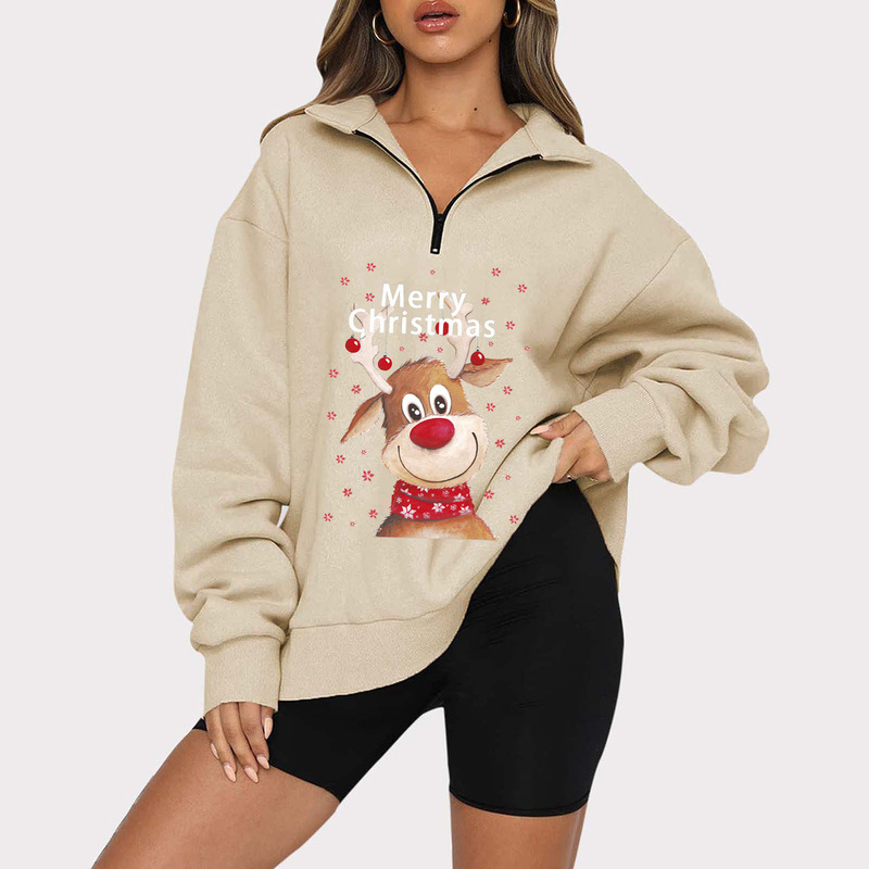 2022 European and American autumn and winter new Christmas printing ladies fashion plus size sports leisure lapel zipper sweater