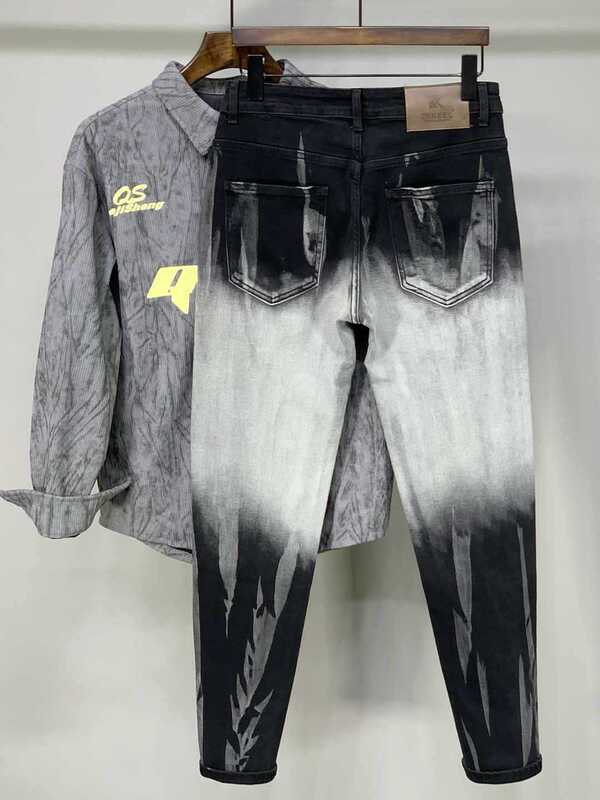 New product~Simple color scheme~Slim-fit versatile skinny pants, two-tone splatter-dye denim men's trendy long pants