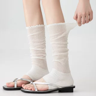 白色小腿袜套女夏季薄款透气踩脚堆堆袜芭蕾风竖纹花边半脚掌腿套