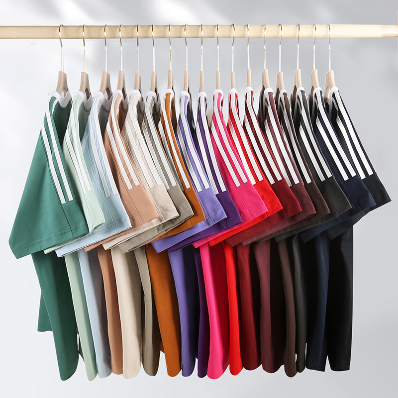 新品280g重磅纯棉圆领宽松短袖T恤男纯色条杠打底衫潮牌跨境优选