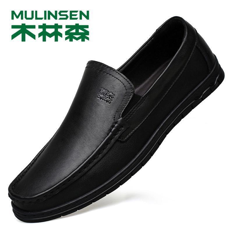 木林森男鞋商务休闲皮鞋真皮软底套脚透气头层牛皮中年新款爸爸鞋