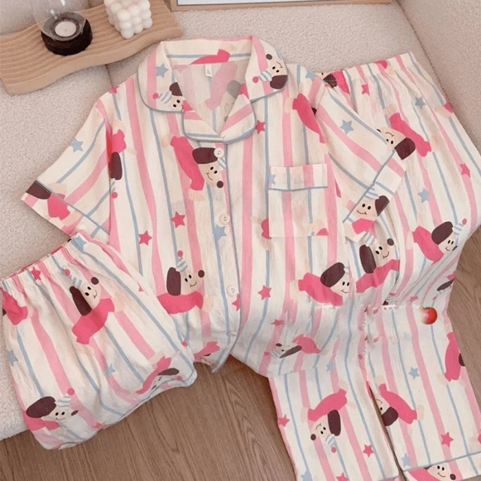 Nube de algodón pijama de mujer nuevo verano verde rayas perros dulces ociosos ropa de casa de estudiantes de tres piezas para vestir