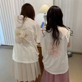 现H 纯棉花朵数码印花短袖T恤女夏季韩系宽松落肩圆领上衣flet*a