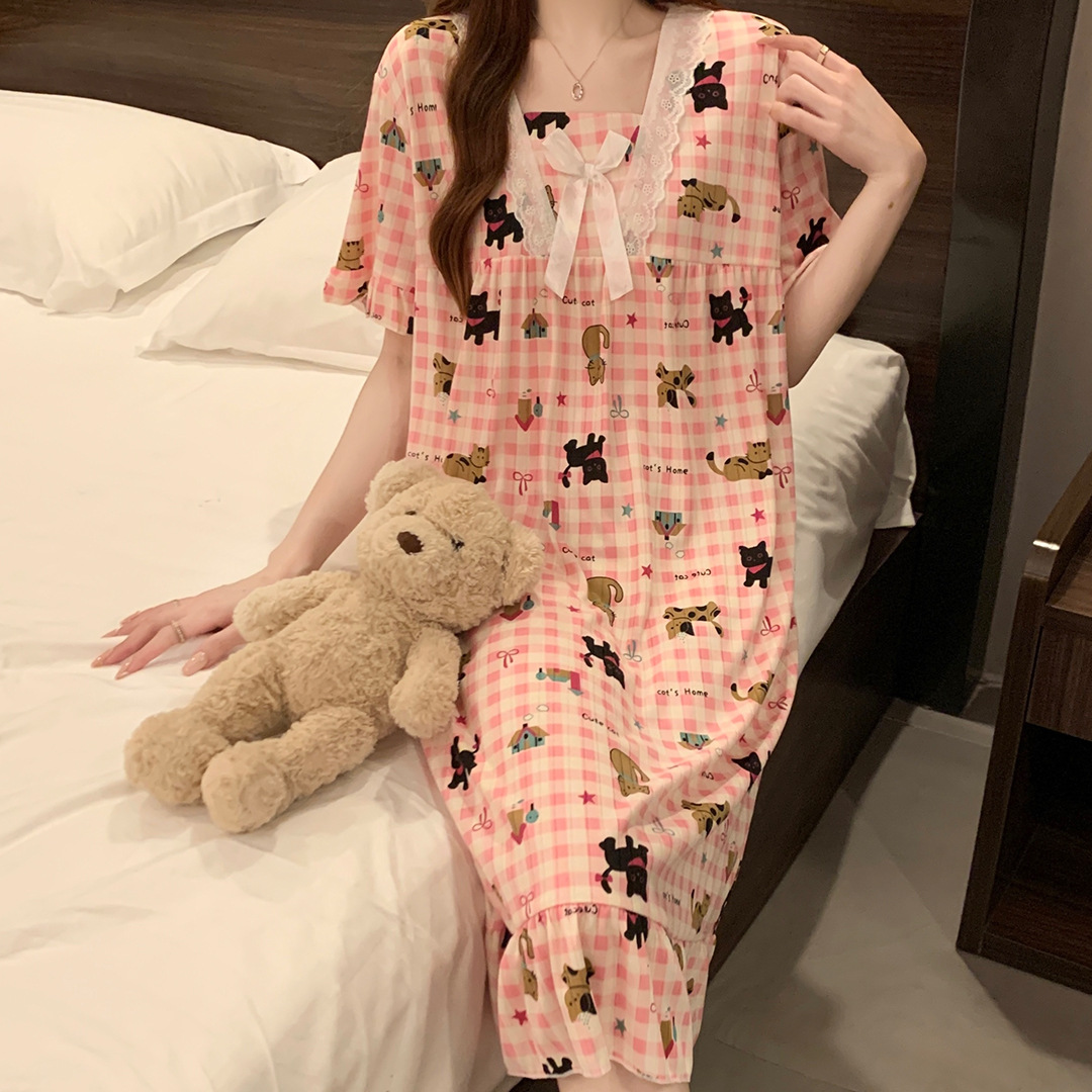 Comercio exterior transfronterizo pijama de mujer de verano de mangas cortas de seda de leche encaje lindo dibujos animados pijama de estudiantes ropa delgada