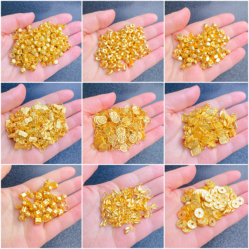 久不掉色磨砂沙金鈴蘭花五帝錢幣福字元寶吊墜隔珠diy配件手鍊女