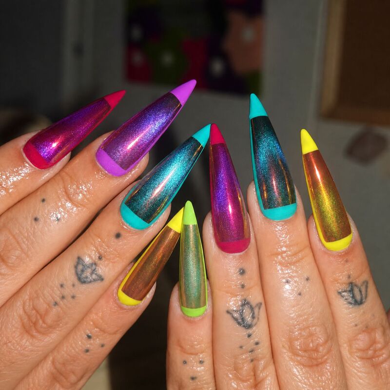 Wm-429 Rainbow Prism Fake Nails Long Pointed Cross-Border Hot Girl Colorful Neon 24-Piece Wearable Nail Tips Wholesale