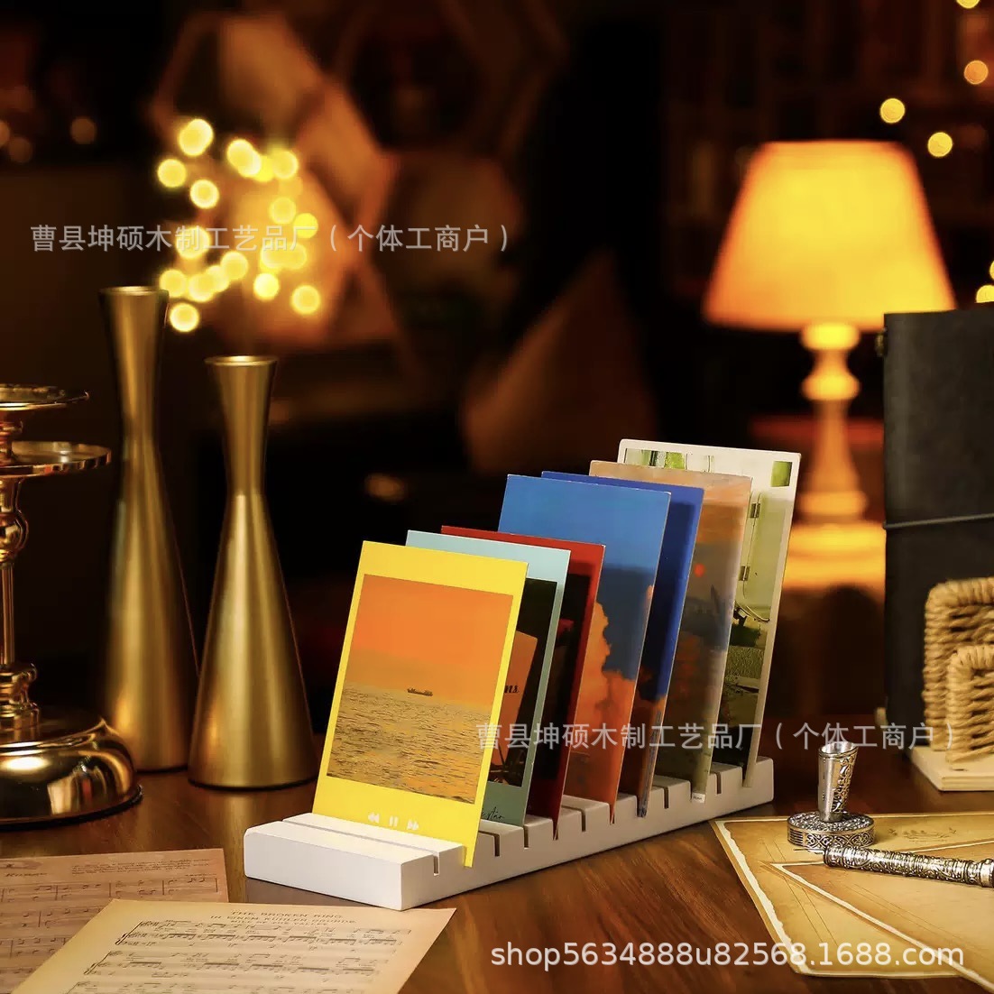 跨境木质分格唱片架办公室文件收纳架实木贺卡展示架卡片架底座