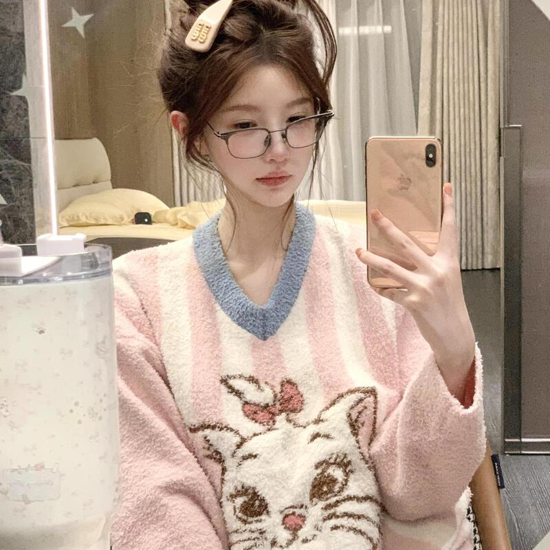 Cute Cartoon Cat Half-Velvet Pajamas for Women Autumn and Winter New Large Size Fleece-Lined Thickeneded Warm Home Clothes Set Cute Cartoon Cat Half-Velvet Pajamas for Women Autumn and Winter New Large Size Fleece-Lined Thickeneded Warm Home Clothes Set