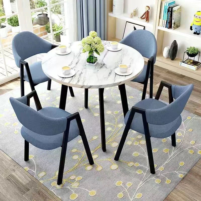 모조 흰색 대리석 테이블 상판 + 검정색 파란색 천 의자