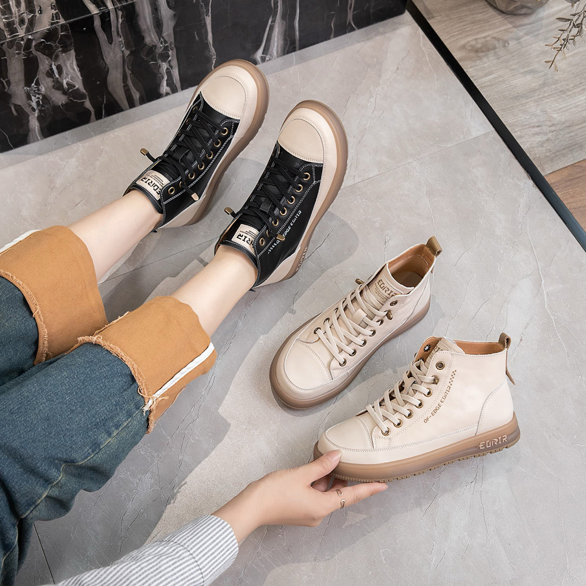 in stock [plus outer box] first layer leather leather high-top shoes women's lazy elastic flat shoes 2024 new