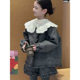 女童小香风套装冬季26新款韩版儿童蕾丝大翻领加棉加厚上衣两件套