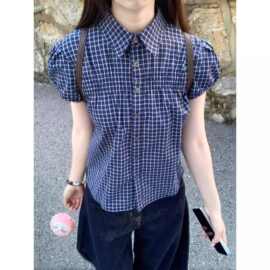 跨境复古格纹POLO领娃娃衫女泡泡袖夏季2025通勤百搭上衣显瘦气质