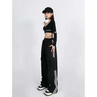 港风复古三道杠休闲阔腿工装裤女高街潮牌嘻哈宽松百搭直筒运动裤