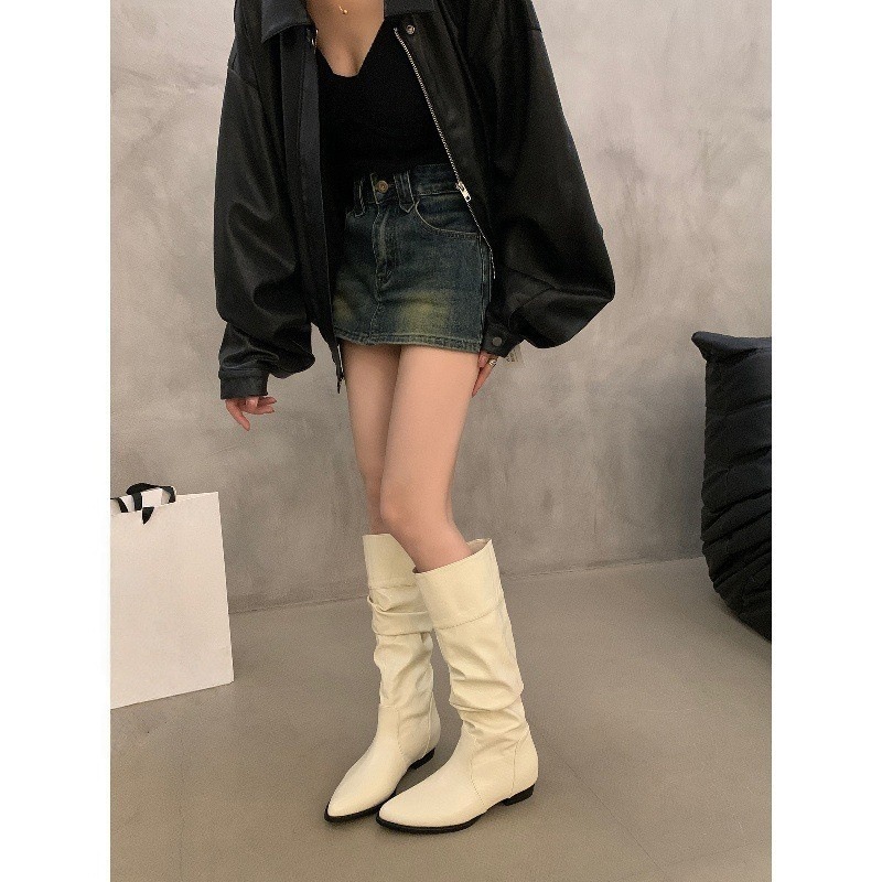 尖头内增高堆堆靴子女2025春秋新款小个子西部牛仔靴骑士靴长筒靴|undefined