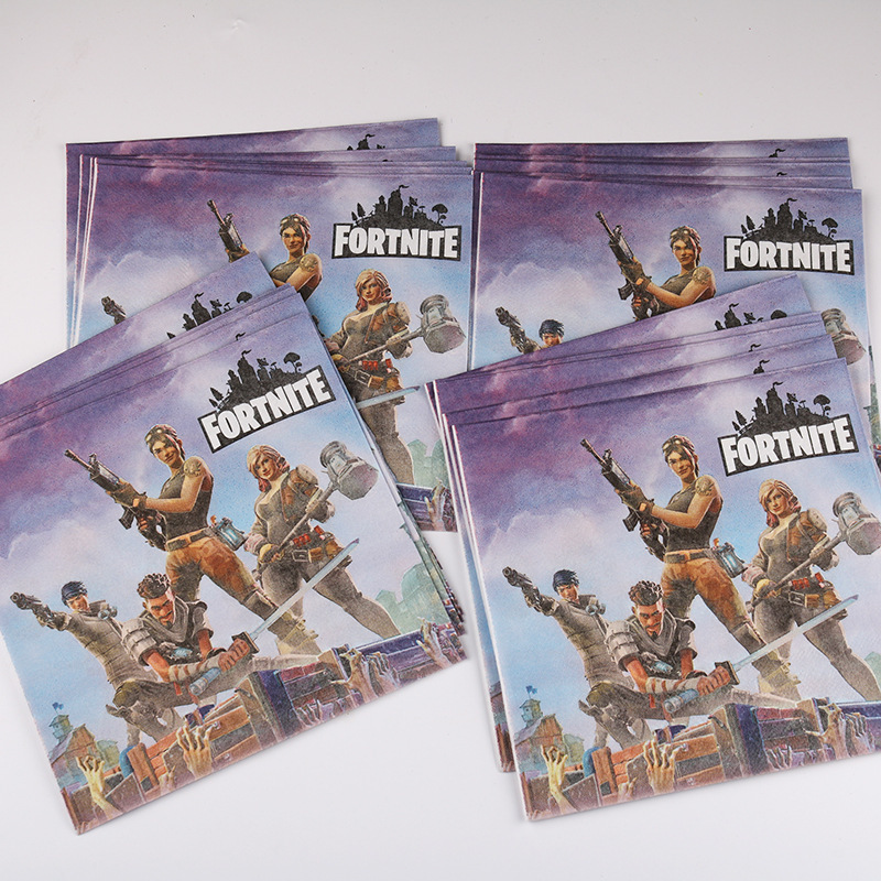 Amazon Venta caliente juego tema partido tire bandera plato de papel vajilla traje decoración del partido traje fortaleza noche