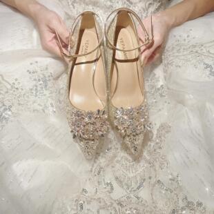 Wedding Shoes Xiuhe Wedding Dress Two-Wear Crystal Shoes Bridal Shoes Women's Champagne High Heels Not Tired Feet Rhinestone 2024 New
