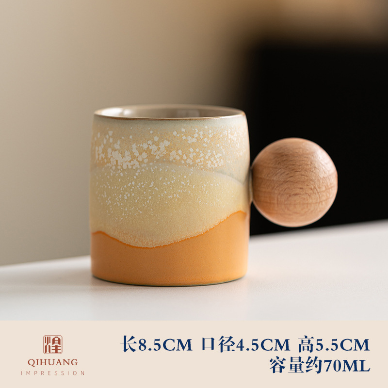 Mango de madera taza de café té taza de té gradiente esmalte exquisita cerámica pequeña taza de regalo caja de regalo traje al por mayor