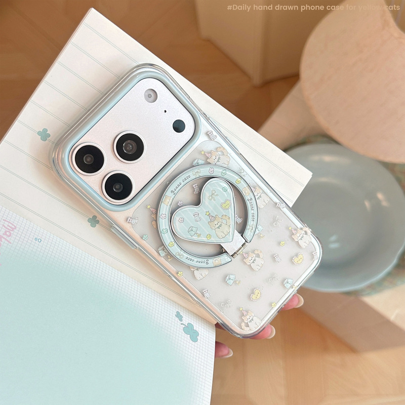 Milk blue cartoon cat magnetic stand suitable for iPhone 18, 17 Pro Max, 16, 15 Korean style transparent soft case