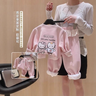 儿童卫衣套装女童春秋新款中大童女孩蕾丝时髦印花休闲宝宝两件套