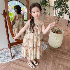 女童夏季連衣裙2024新款兒童洋氣掛脖碎花蝴蝶裙子女寶寶無袖長裙