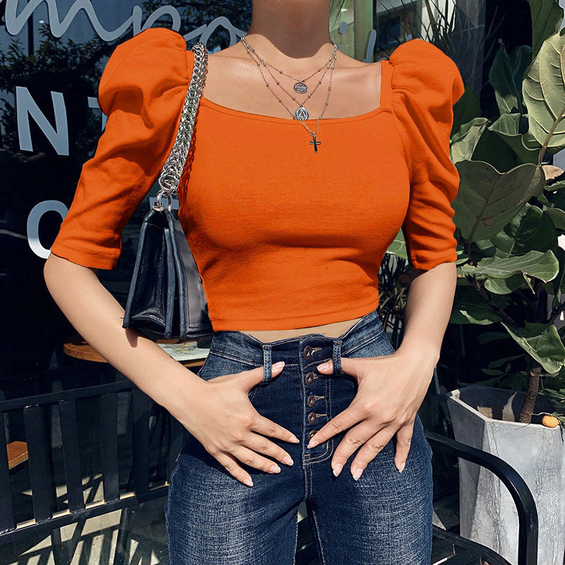 Women's Spring 2024 New Women's Vest Amazon Cross-Border European and American Square Neck Top Women's Puff Sleeve Short Sleeve