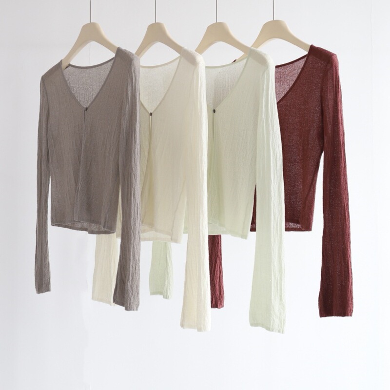Lyocell Tencel Pleated Texture Cool-Touch Knit Cardigan for Women, Single-Button, Slightly Flared Long Sleeves, Sun Protection Air-Conditioning Top