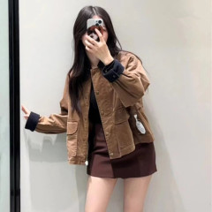 跨境专供外贸女装25春季新品撞色领口打蜡皮翻领夹克外套 4341776