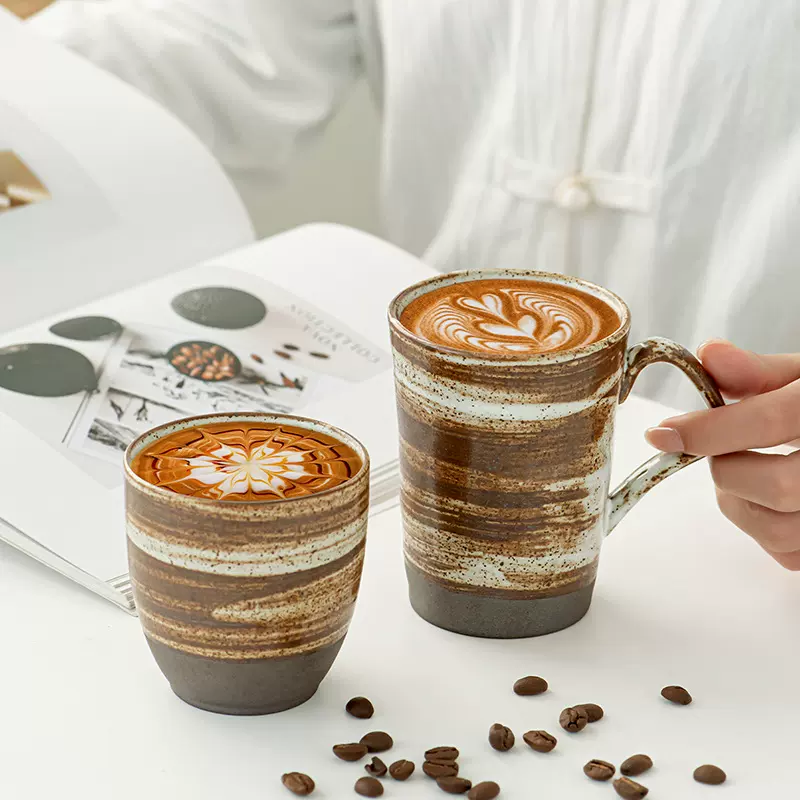 创意复古设计日式粗陶手绘笔刷陶瓷马克杯早餐杯牛奶拿铁咖啡杯