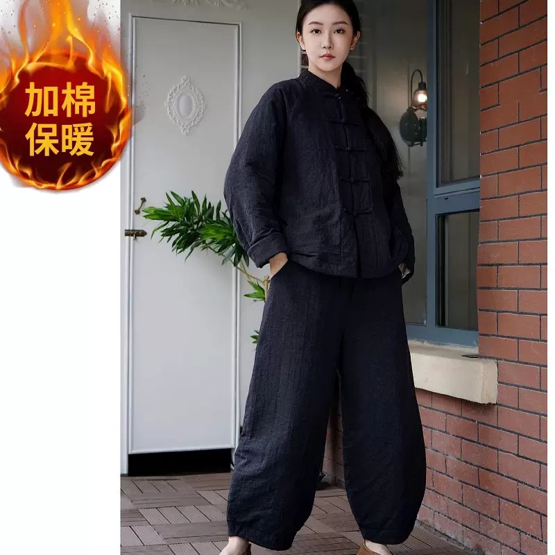 新中式女装提花排扣秋冬外套复古纯色棉麻唐装棉袄棉裤套装