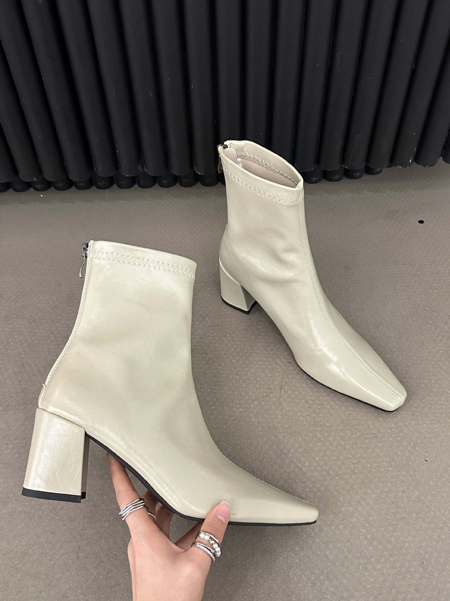 ShoeVault Korean Style Minimalist Soft Leather Stretch Slim Bare Square Toe Chunky High Heel Short Slimming Height Increasing_vogvips.com