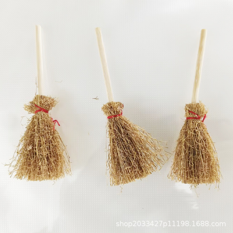 Cross-Border Handmade Tied Natural Straw Broom Halloween Miniature Broom DIY Mini Witch Broom