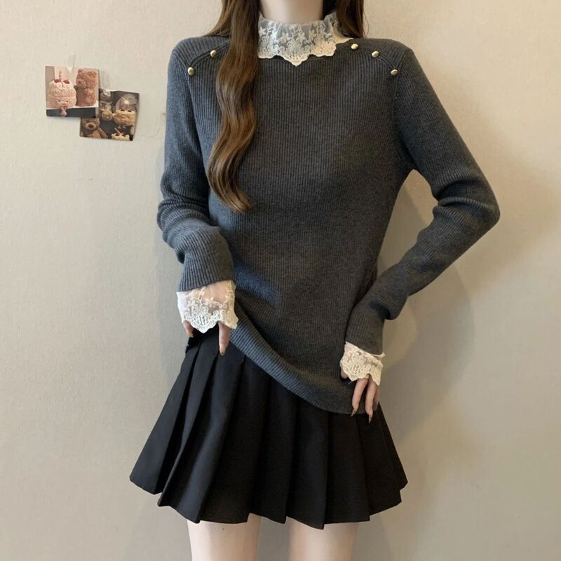 2025 Autumn/Winter Half-Turtleneck Lace Knit Sweater Top Plus Size Women's Slimming Belly-Covering Base Layer Shirt