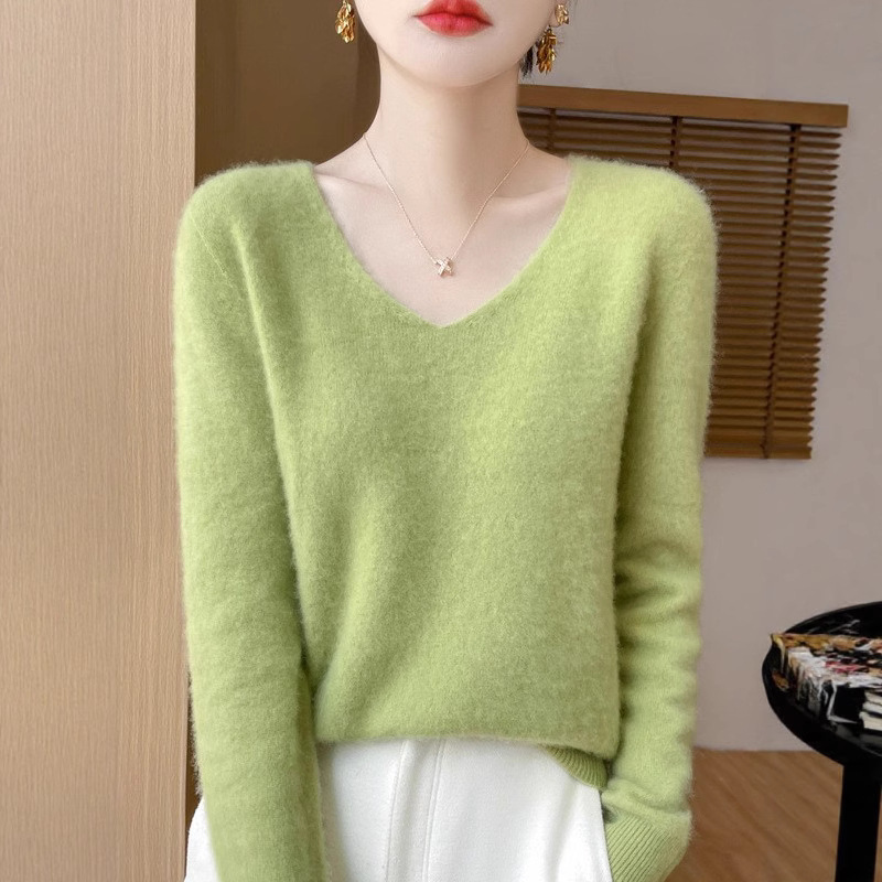 Cross-Border Wholesale Seamless One-Piece Women's V-Neck Korean-Style Loose Base Shirt Versatile Warm Sweater Long-Sleeve Women's Clothing