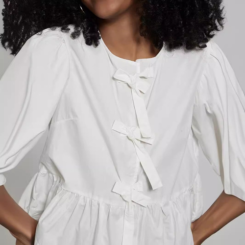 Cross-border Women's Wholesale Pastoral Style Fresh Butterfly Bow Tie White Shirt Spring and Summer 5/8 Puffed Sleeve Top