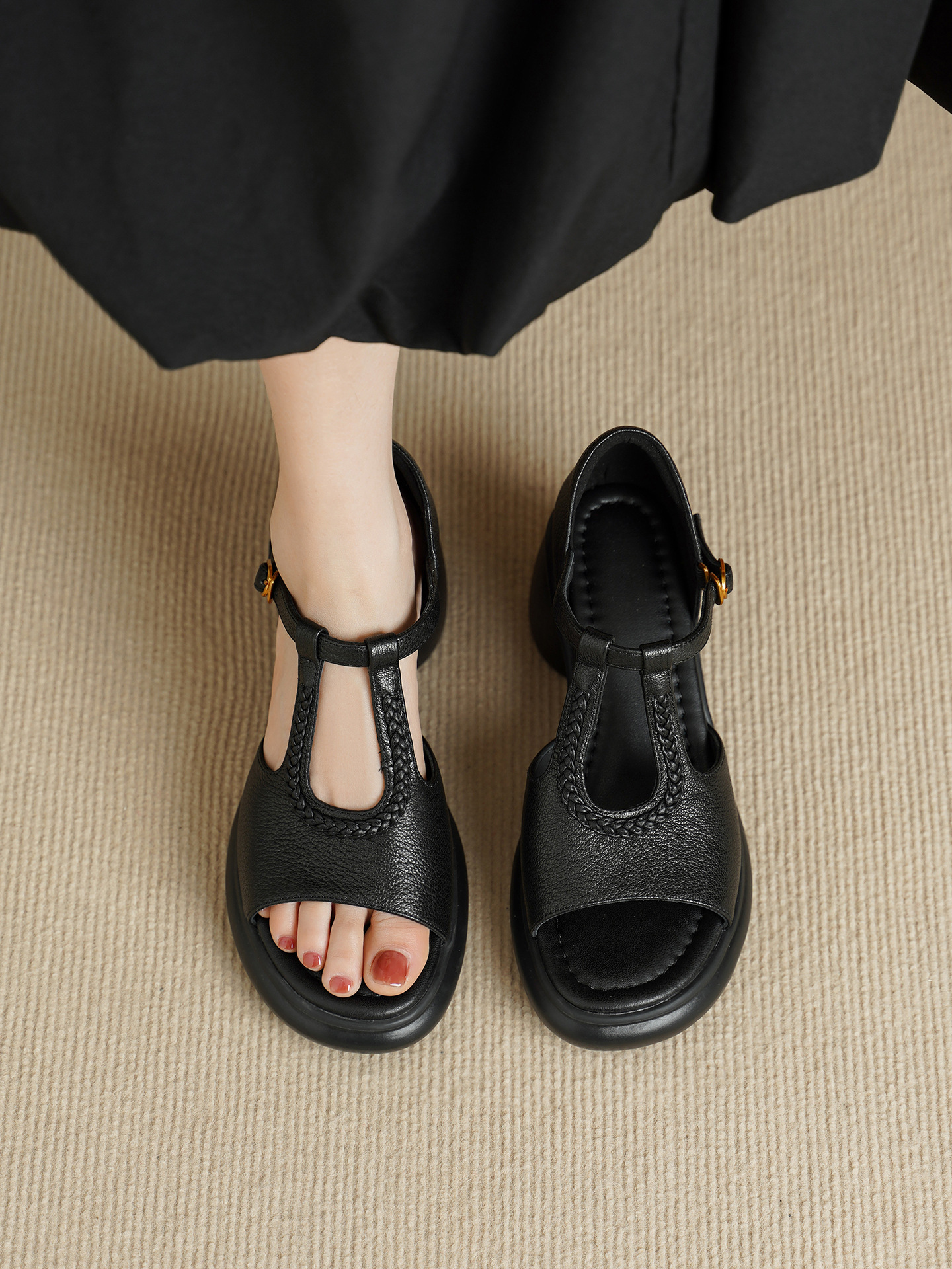 Sandal cao gót nữ quai ngang da cừu gót dày 7 cm, kiểu dáng thời trang — đen chi tiết 6