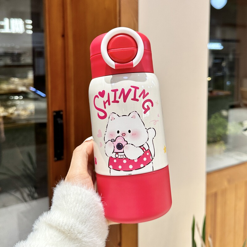 小さなミルク犬漫画子供用ダブルドリンクバウンシングストローウォーターカップハンドル付きポータブルカップステンレス鋼魔法瓶カップ|undefined