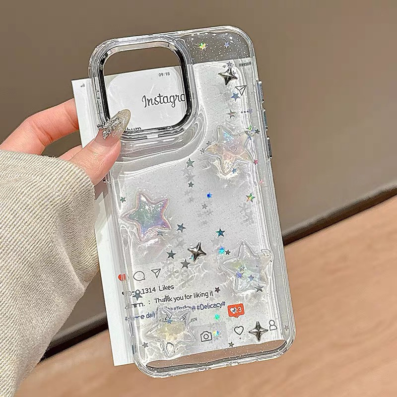 Three-Dimensional Five-Pointed Star Phone Case Suitable for Apple 17Promax, Transparent Phone Case with Glue Coating for Iphone16Plus for Women