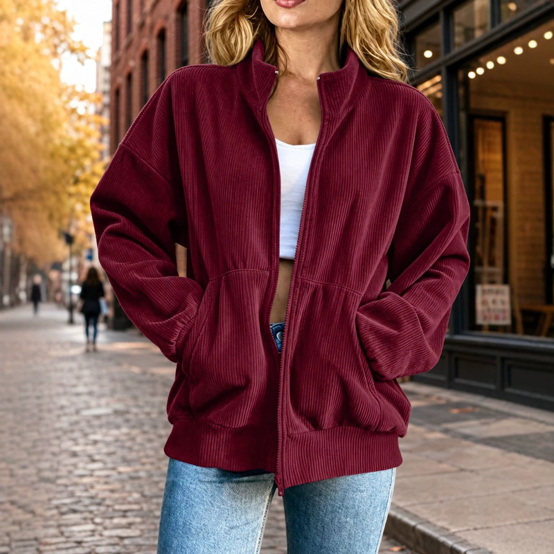 2026 Amazon European and American Cross-Border New Autumn and Winter Fashion Corduroy Zipper Jacket Loose Long-Sleeved Casual Jacket