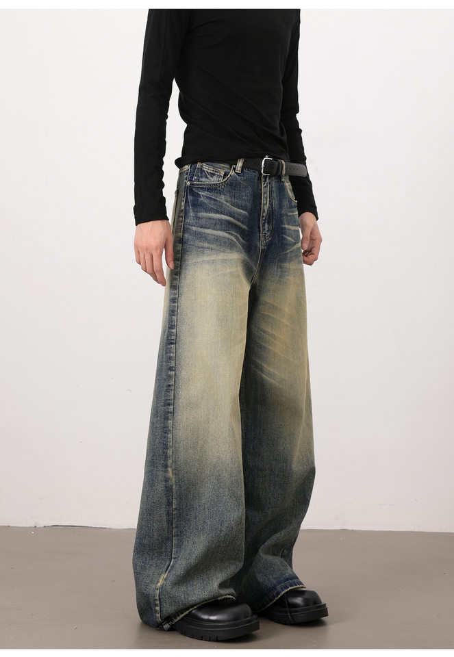 Quần jeans nam dáng rộng ống đứng phong cách retro Mỹ, giặt mài làm cũ — Màu xanh dương chi tiết 25