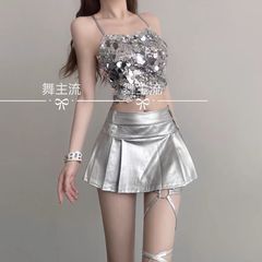 バーディーエース衣装新しい女性 DJ ネックステージシックなセクシーなホットガールシルバートップジャズダンスファッションスーツ