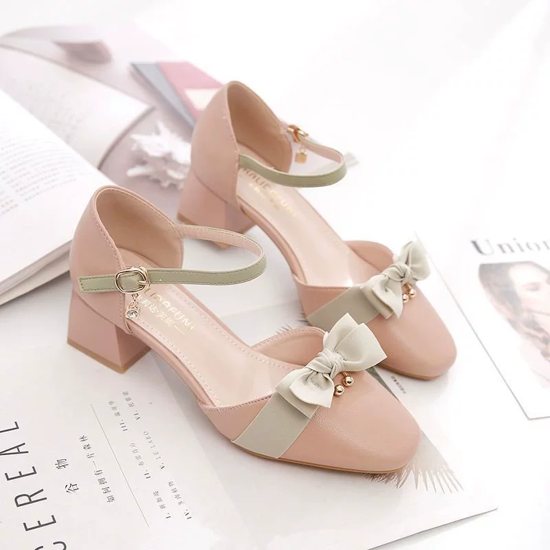 Женские сандалии с бантом, весенне-летние новые стильные туфли на среднем каблуке с открытым носком, модные чистые и милые студенческие туфли в стиле ins