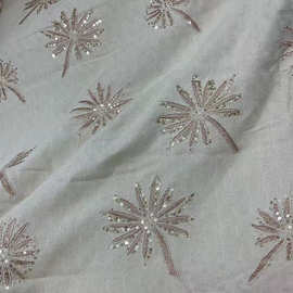 厂家电脑绣椰树亮片网纱刺绣亚麻面料  吊片礼服旗袍汉服珠片绣花